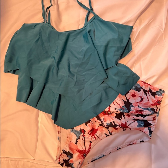 Teal Ruffle Two-Piece High-Waist Swim Set - Picture 3 of 5